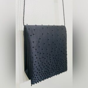 Jessica McClintock Handbag Evening Party Black Satin Beaded Crossbody Seed Beads